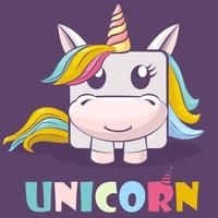 simpatico personaggio dei cartoni animati quadrato unicorno e logo. bellissimo unicorno su sfondo viola. unicorno con capelli arcobaleno. vettore