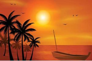 paesaggio naturale e marino. spiaggia tropicale estiva al tramonto con palme, barca e mare. vettore