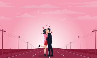felice san valentino dolce coppia innamorata abbraccio e bacio sulla strada romantica. vettore
