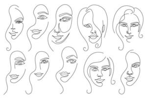 volto di donna di arte linea vettoriale. set di illustrazioni per viso femminile con contorno sottile nero. collezione di ritratti di donne. illustrazione semplice di una linea. disegno di contorno singolo. vettore