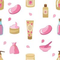 modello senza cuciture di cosmetici con una rosa per la cura della pelle. crema, sapone, olio, lozione, petali. vettore. clipart per trattamenti termali per viso e corpo. per la stampa su carta o tessuto vettore