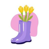 tulipani gialli in un vaso di stivali. illustrazione vettoriale per il design, la stampa su carta o tessuto. isolato.