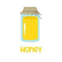 barattolo di vetro con miele, il coperchio è avvolto con un panno per clipart, legato con uno spago. iscrizione. illustrazione del fumetto di vettore isolata.