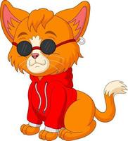 simpatico cartone animato cane che indossa maglione rosso e occhiali da sole vettore