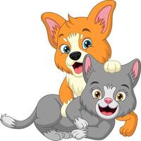 simpatico cartone animato cane e gatto che giocano insieme vettore