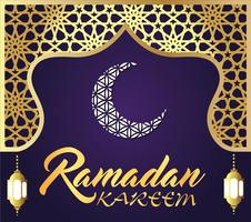 Ramadan Kareem design di saluto islamico con lanterna e calligrafia.
