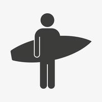 uomo che tiene un simbolo di una tavola da surf. icona di vettore di surf isolato su priorità bassa bianca. pittogramma di sport acquatici estivi.