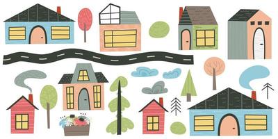 moderna casa scandinava con strada e albero. villaggio europeo con case carine e tetti di camini. set di cottage per il design per bambini. disegno di illustrazione vettoriale piatto