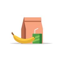 Lunchbox - sacchetto di carta con un pasto, succo di frutta e una banana. Pasto scolastico, pranzo per bambini. Illustrazione vettoriale in stile piatto