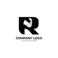 logo della lettera r con bicipite con bilanciere. logo palestra fitness. design del logo vettoriale per palestra e fitness.