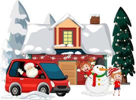 Babbo Natale alla guida di un'auto con casa innevata vettore