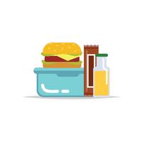 Lunchbox - contenitore per pasti con hamburger, barretta di cioccolato e succo. Pasto scolastico, pranzo per bambini. vettore
