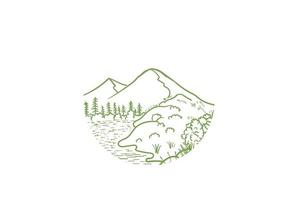 pineta di montagna con insenatura del fiume lago e logo dell'isola vettore