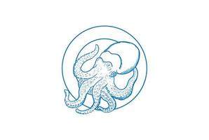 vintage retrò calamari seppie polpo tentacolo distintivo emblema etichetta logo design vettore