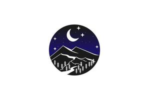 notte di montagna con pino cedro conifera sempreverde abete cipresso larice alberi foresta per avventura all'aperto logo design vettore