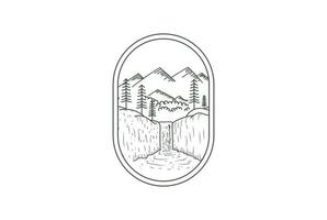 vintage retrò pino sempreverde abete larice cipresso conifere alberi foresta con montagna e cascata distintivo emblema etichetta logo design vettore
