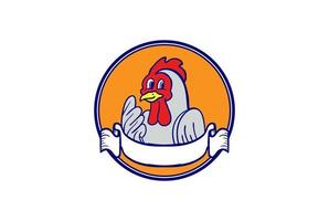 personaggio della mascotte del fumetto del gallo del gallo del pollo divertente variopinto per il vettore di progettazione del logo del ristorante del pollo fritto