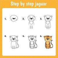 lezione di disegno per bambini. come disegnare giaguaro. tutorial di disegno con animali divertenti. passo dopo passo ripete l'immagine. pagina d'arte delle attività per bambini per il libro. illustrazione vettoriale. vettore