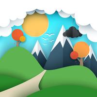 Sole dell&#39;illustrazione di viaggio di carta, nuvola, collina, montagna, uccello. vettore