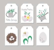 simpatico set di modelli di cartellino del prezzo primaverile con annaffiatoio, uova, nido, carriola con fiori. disegni di carte di pasqua vettoriali. distintivo o etichetta del negozio stagionale di festività religiose. vettore