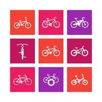 biciclette, ciclismo, bici, bici elettriche, fat-bike, servizio di riparazione biciclette icone quadrate su bianco, illustrazione vettoriale