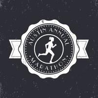 emblema vintage della maratona, distintivo, logo rotondo della maratona, segno della maratona con ragazza che corre, illustrazione vettoriale