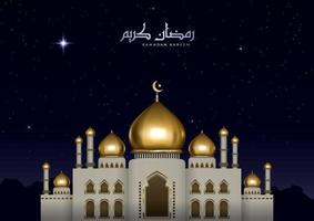 bella illustrazione islamica con calligrafia araba e moschea d'oro. realistico biglietto di auguri ramadan kareem con vista notturna vettore