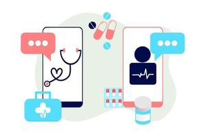 illustrazione piatta di medicina sanitaria online. consulenza e trattamento medico-sanitario online tramite l'applicazione per telefono cellulare di una clinica Internet connessa a computer. in linea chiedere la consultazione del medico. vettore