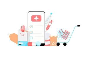 concetto di app farmacia online di assistenza sanitaria, farmacia ed e-commerce. illustrazione vettoriale di farmaci da prescrizione, kit di pronto soccorso e forniture mediche vendute online tramite web o tecnologia informatica.