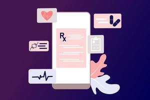 documento digitale di prescrizione medica online o rapporto sui risultati dei test online sullo schermo del computer mobile. concetto di farmacia farmacia, diagnosi, ospedale, assistenza sanitaria. illustrazione vettoriale piatto.