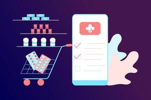 concetto di app farmacia online di assistenza sanitaria, farmacia ed e-commerce. illustrazione vettoriale di farmaci da prescrizione, kit di pronto soccorso e forniture mediche vendute online tramite web o tecnologia informatica.