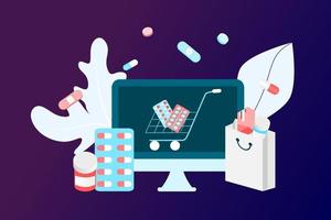 concetto di app farmacia online di assistenza sanitaria, farmacia ed e-commerce. illustrazione vettoriale di farmaci da prescrizione, kit di pronto soccorso e forniture mediche vendute online tramite web o tecnologia informatica.