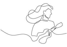 una singola linea continua di ragazza dai capelli lunghi che suona la chitarra vettore