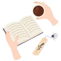 flatley con l'immagine di leggere un libro, una tazza di caffè, un segnalibro vintage, una penna e le mani vettore