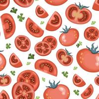 sfondo senza soluzione di continuità di succosi pomodori e verdure su sfondo bianco. una varietà di frutti maturi, anelli e pezzi. modello vettoriale in stile cartone animato per tessuto o imballaggio