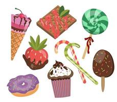 set di icone di caramelle dei cartoni animati. illustrazione vettoriale di cupcake, ciambelle, cialde, gelati per feste, imballaggi, menu e ricette.