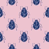 luminoso senza cuciture con insetti disegnati a mano insetto. opera d'arte botanica animale con ornamento blu navy e sfondo rosa. vettore