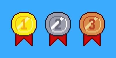 set di medaglie in pixel art design vettore