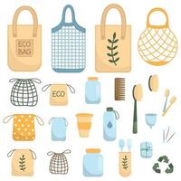 zero sprechi. vari oggetti ecologici. diventa verde, stile ecologico, niente plastica, salva il concetto del pianeta. illustrazione vettoriale piatta su sfondo bianco