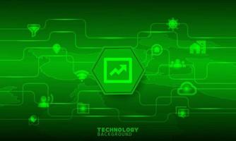 icona del diagramma di affari del grafico nell'esagono verde con le icone di comunicazione. vettore