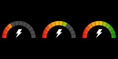 set di tachimetro. icona della velocità con un fulmine su sfondo nero. impostare indicatori, indicando qualità, livello, rating. vettore