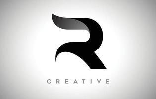 design con logo nero lettera r con aspetto creativo minimalista e morbida ombra su sfondo nero vettoriale