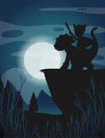 silhouette drago e cavaliere con sfondo di luna piena vettore
