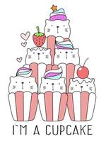 carino piccolo gatto cupcake cartone animato disegnato a mano vettore