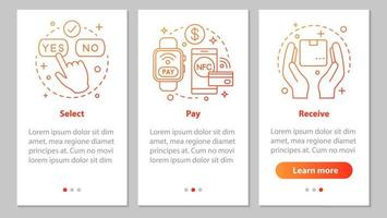 shopping online onboarding schermata della pagina dell'app mobile con concetti lineari. seleziona, e pagamento, ricevi istruzioni grafiche passaggi pacco. ux, ui, modello vettoriale gui con illustrazioni