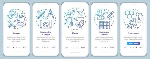 modello vettoriale dello schermo della pagina dell'app mobile per l'onboarding di bioingegneria. servizi e impianti, componenti. procedura dettagliata del sito Web con illustrazioni lineari. ux, ui, gui concetto di interfaccia per smartphone