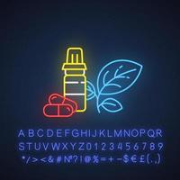 icona della luce al neon dei prodotti sanitari. pillole, vitamine, integratori alimentari. medicina e farmaceutica. reparto e-commerce. segno luminoso con alfabeto, numeri e simboli. illustrazione vettoriale isolato