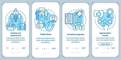 gestione degli eventi aziendali onboarding schermata della pagina dell'app mobile con concetti lineari. seminari, conferenze, programmi di incentivazione, istruzioni dettagliate per eventi di apprezzamento. ux, ui, modello vettoriale gui