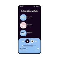 modello di vettore di interfaccia per smartphone radio FM lounge. layout nero della pagina dell'app del lettore musicale mobile. playlist audio online, schermata di ascolto dell'album. interfaccia utente piatta per l'applicazione. display del telefono