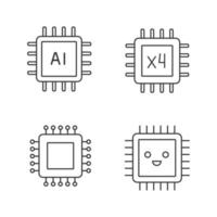 set di icone lineari per processori. chip, circuito integrato per sistema ai, microprocessore sorridente, processore quad core. simboli di contorno di linee sottili. illustrazioni di contorno vettoriale isolate. tratto modificabile